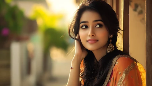 Elegant young woman in traditional attire, soft golden outdoor light.