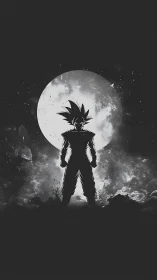 Monochrome anime warrior silhouette against lunar backlight.