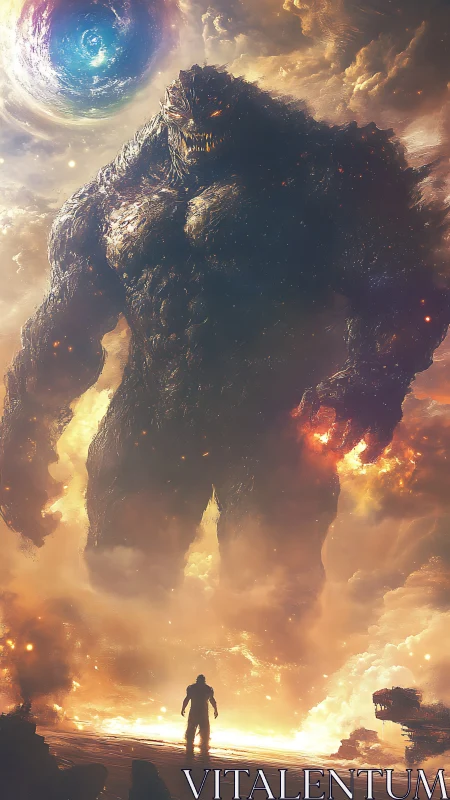 Colossal molten titan confronts lone figure in cosmic storm