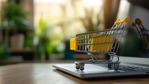 Pocket-sized shopping cart cruising atop laptop keys.