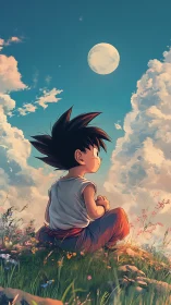 Moonlit meadow daydream with spiky haired wanderer boy.