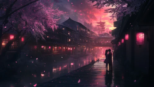 Lovers beside neon canal under twilight sakura glow.