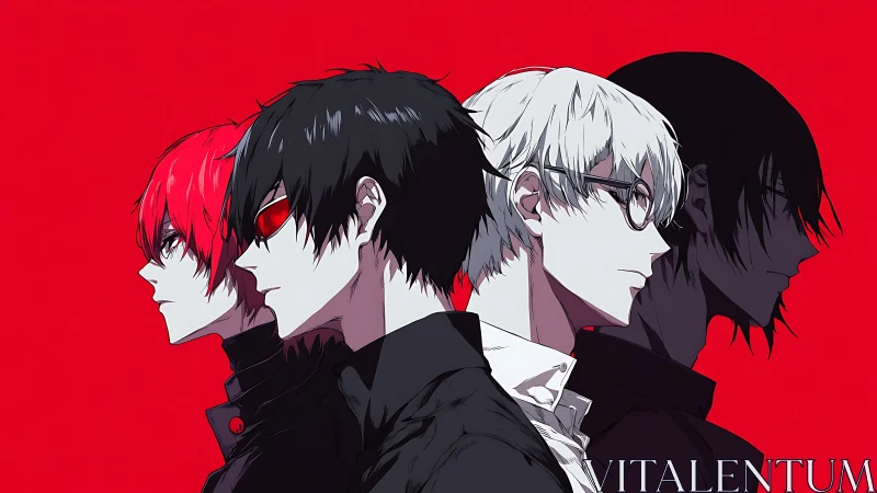 Four stylized anime profiles align against solid red background