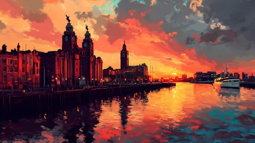 Harborfront skyline under chromatic sunset reflection study.