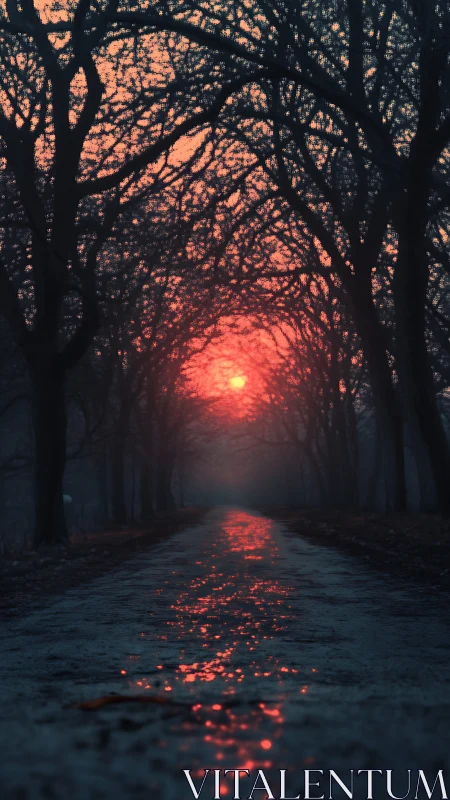 Sunset aligns with tree-lined road and reflected wet surface