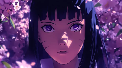 Violet eyed anime girl framed by dreamy cherry blossoms.