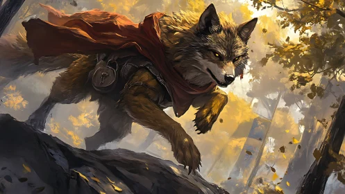 Armored wolf rogue charging through golden autumn forest.