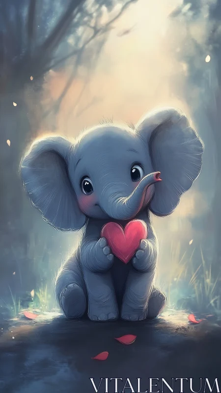 Gentle baby elephant offers a glowing red heart with love