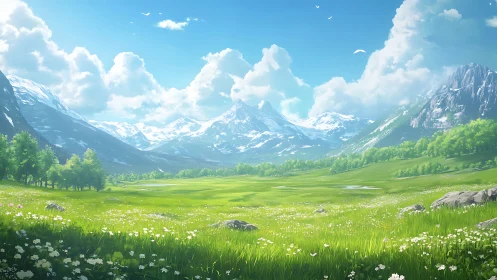 Sunlit mountain meadow where sky, clouds, and fields sing.