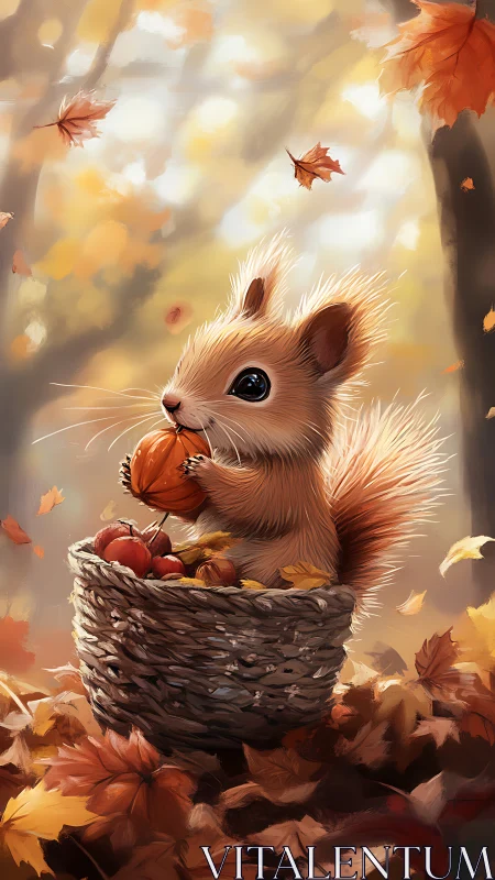 Cute squirrel holding nut in autumn basket scene.