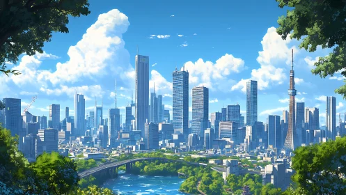 Digital painting skyline with river corridor and verdant framing.