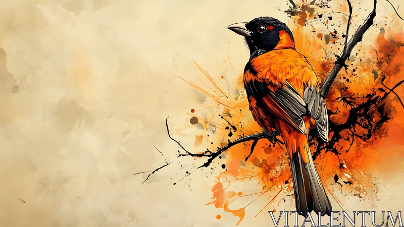 Ink-splashed songbird perches inside an orange explosion of light