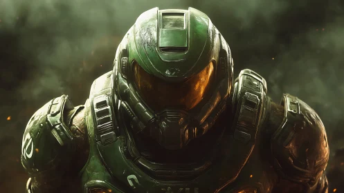 Armored stormwalker strides from embers into toxic dusk