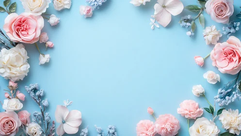 Pastel floral border frames negative space on blue background