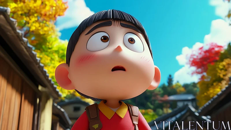 3D stylized child character gazes upward in sunlit village street