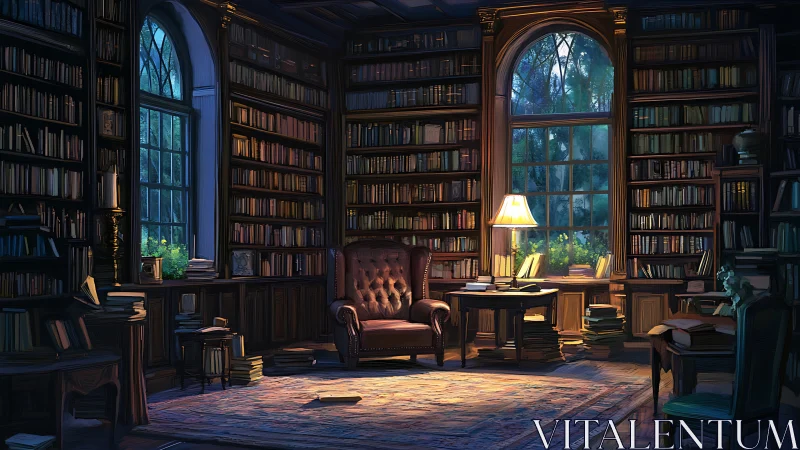 Evening study in wood paneled library with arched windows