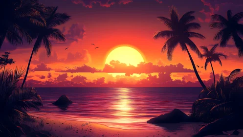 Radiant tropical sunset over calm palm-framed shoreline.