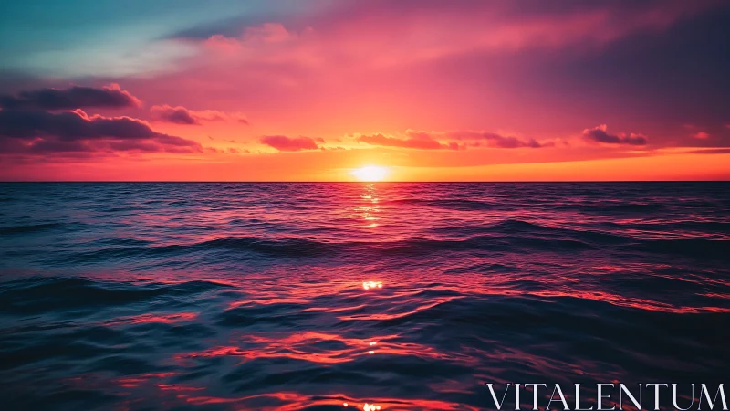 Ocean horizon with low sun and intense magenta sky.