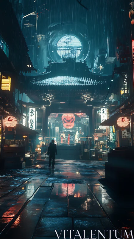 Rain-soaked cyberpunk alley with neon gates and lone figure