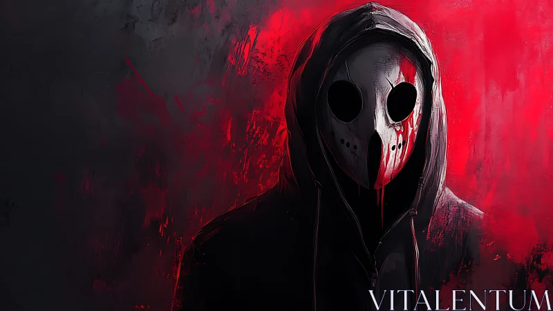 Hooded figure in white mask against dark red background.