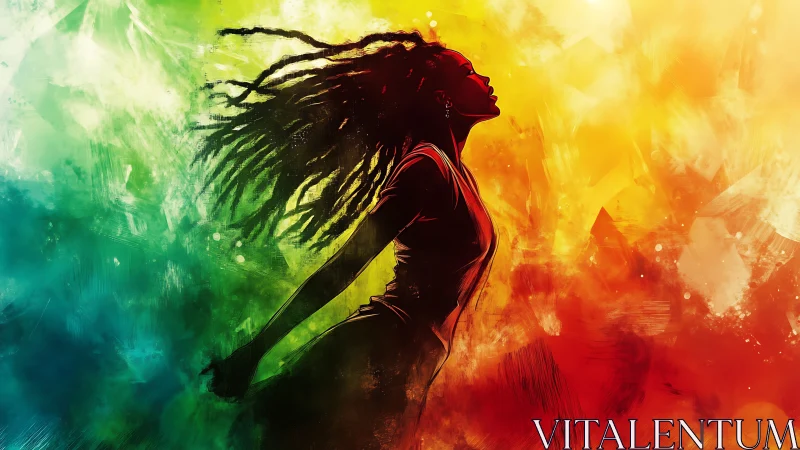 Silhouette of woman in multicolor abstract gradient background.