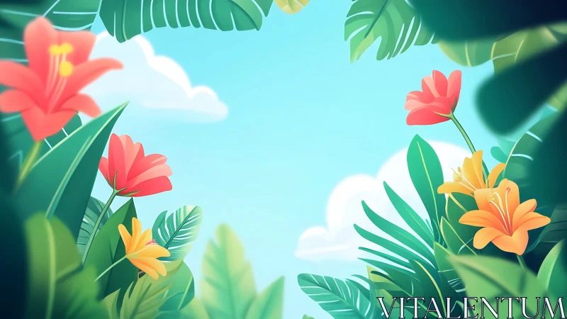 Illustrated tropical foliage frame with stylized flowers.