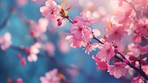 Pink cherry blossoms cluster on dark branches against soft blue bokeh background