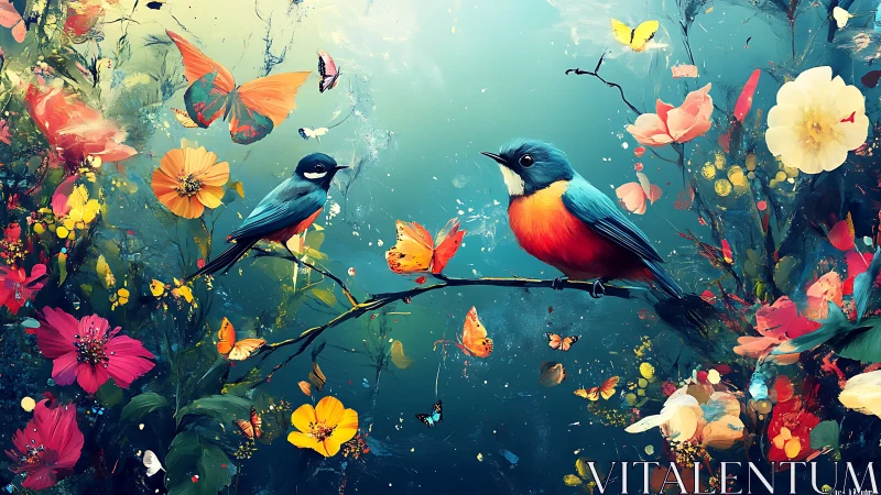 Vibrant songbirds on a floral branch in dreamy digital art style.