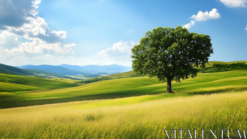 Isolated deciduous tree in luminant rolling grassland topography.