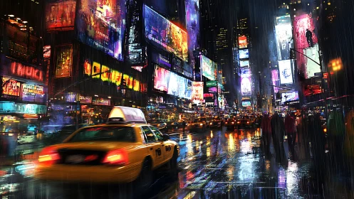 Neon rain over midnight taxis in electric city canyon.