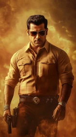 Storm-walking lawman strides through molten cinematic haze