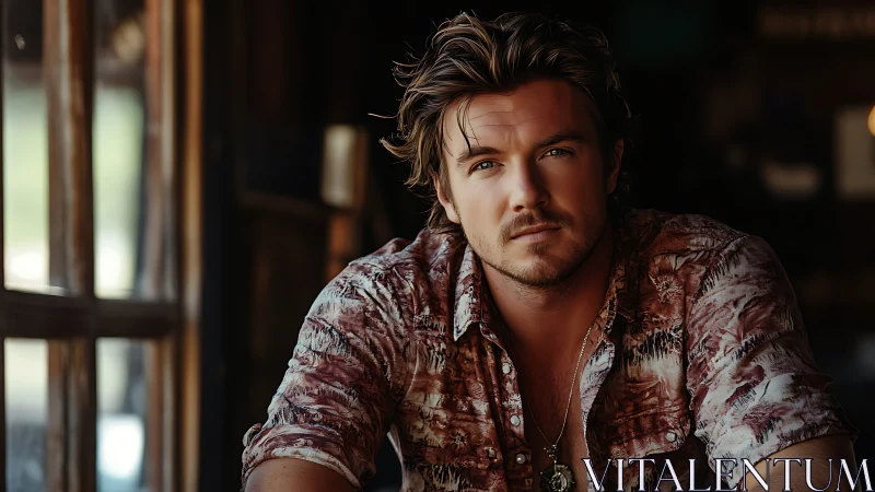 Rugged man in rustic bar interior gazes into soft light.