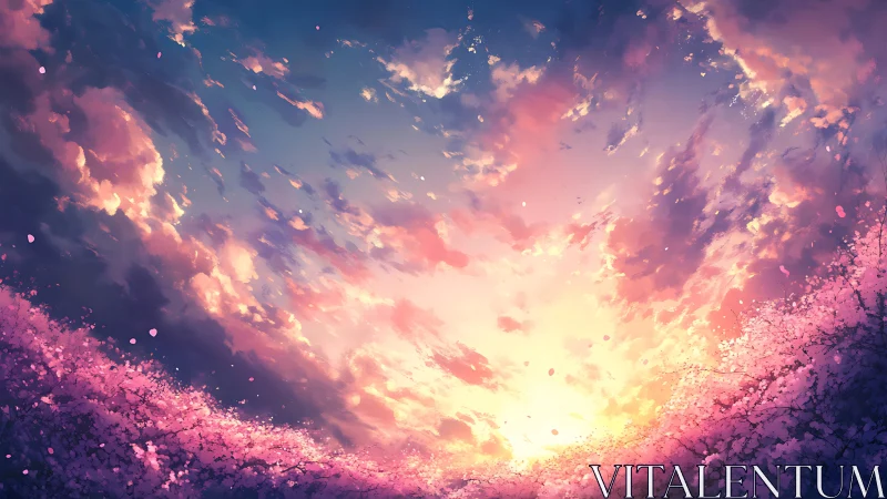 Radiant sakura horizon under luminous pastel sunset sky.