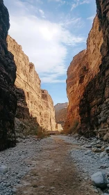 Narrow sedimentary slot canyon with sunlit sandstone walls