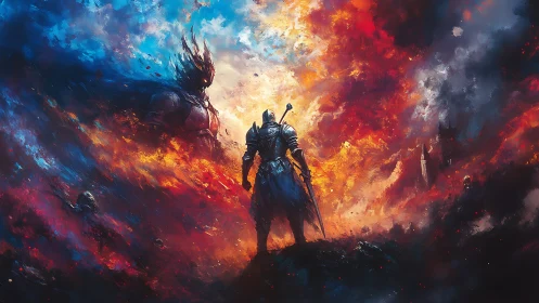 Armored knight confronts colossal fiery wraith in apocalyptic sky