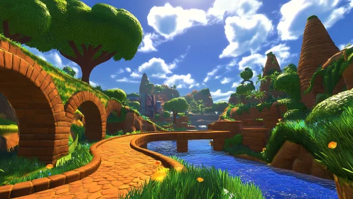 Enchanted Garden Path: Where Brick and Water Meet.