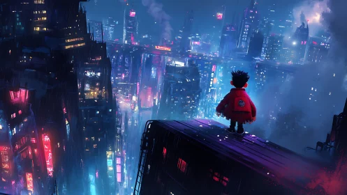 Lone child overlooks dense neon cyberpunk megacity skyline.