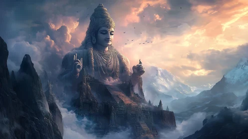 Colossal mountain deity emerging from mist-lit temple city