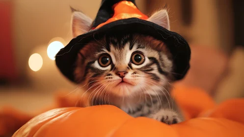 Kitten in Witch Hat Amid Autumn Pumpkins and Bokeh Lights.
