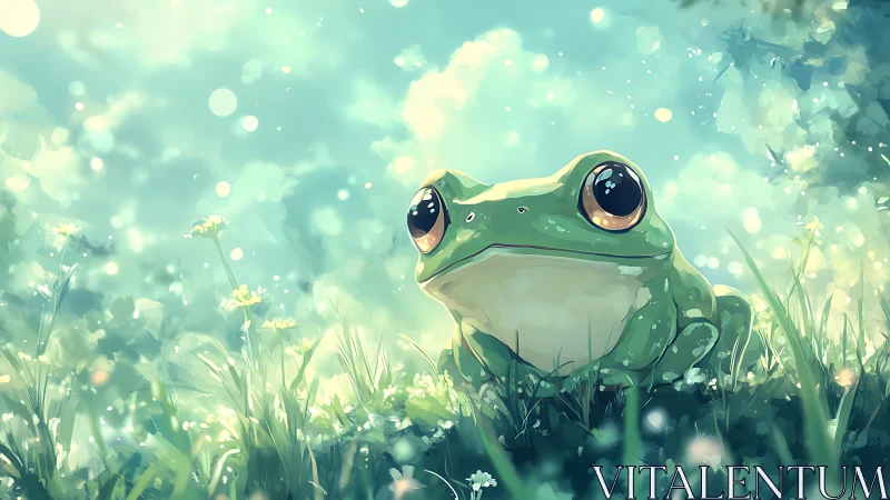 Green frog resting in soft sunlit meadow illustration.