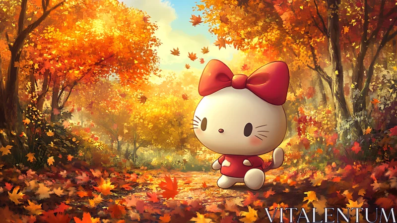 Cozy kitten strolls through a glowing golden autumn forest.
