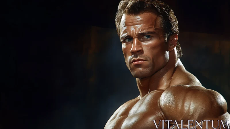 Photorealistic bodybuilder portrait with dramatic rim lighting.
