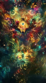 Cosmic owl deity emerging from radiant astral vortex.
