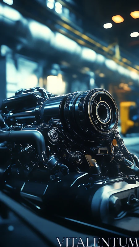 Futuristic engine core gleams in high-tech factory light.