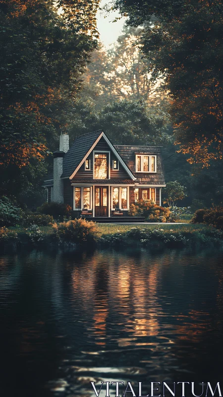 Cozy lakeside cottage glows warmly in the hush of sunset
