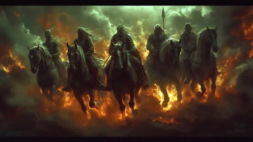 Dark riders on horseback crossing firelit storm clouds.