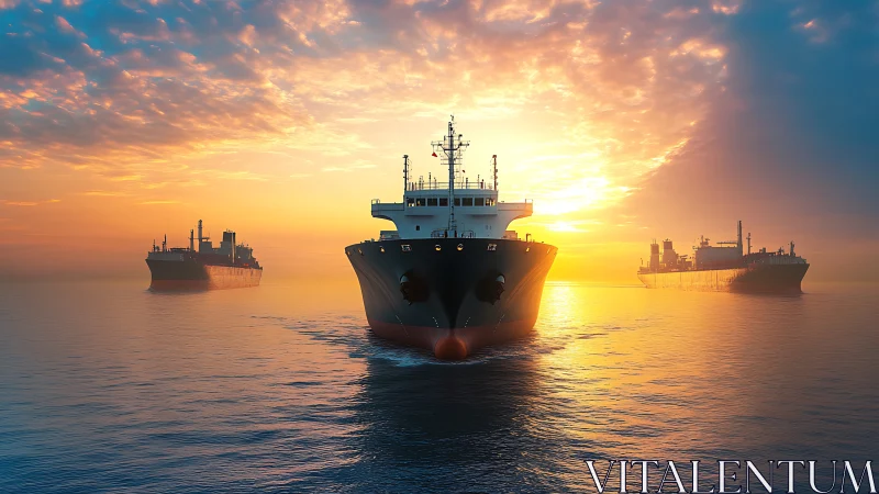 Cargo tankers cross calm waters beneath a blazing sunrise