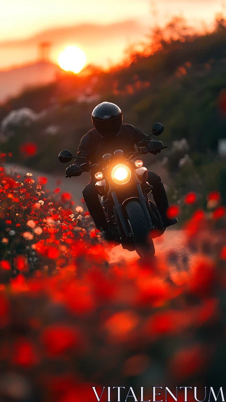 Motorcyclist rides toward camera through roadside flowers at sunset