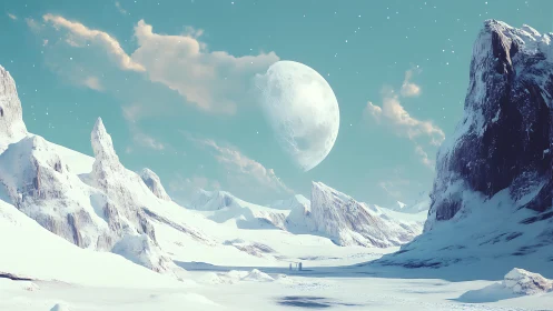 Frozen alien landscape under large crescent moon sky.