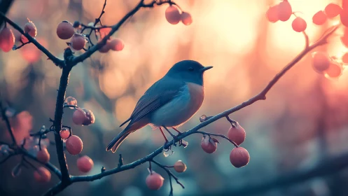 Small songbird on berry branch at sunrise, dreamy bokeh style.